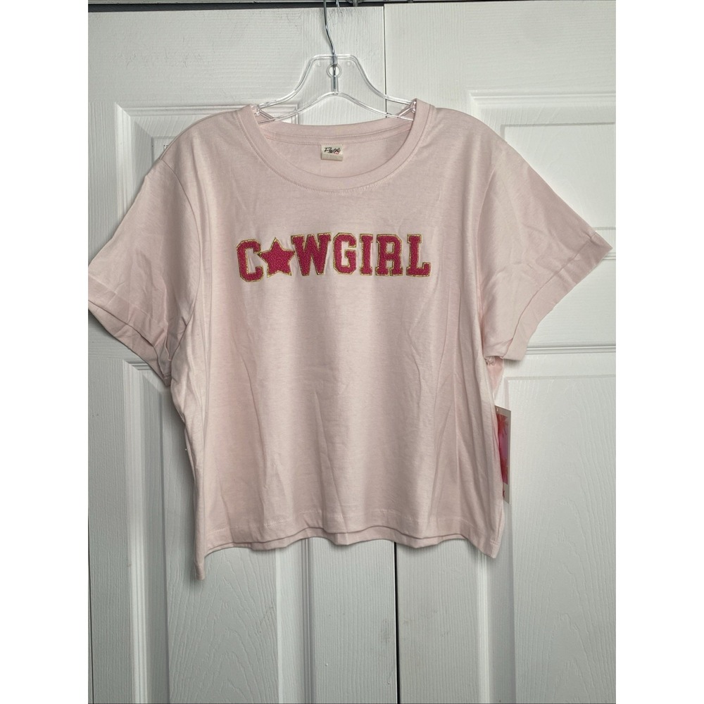 Electric Pink Cowgirl Graphic Tee Womens Size L Light Pink Cotton Chenille Patch
